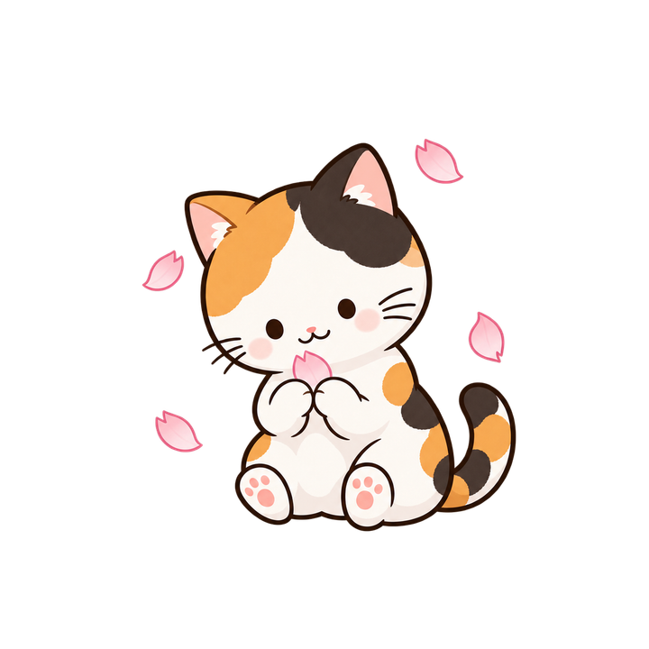 桜の花びらを持つ三毛猫のイラスト（透過PNG）