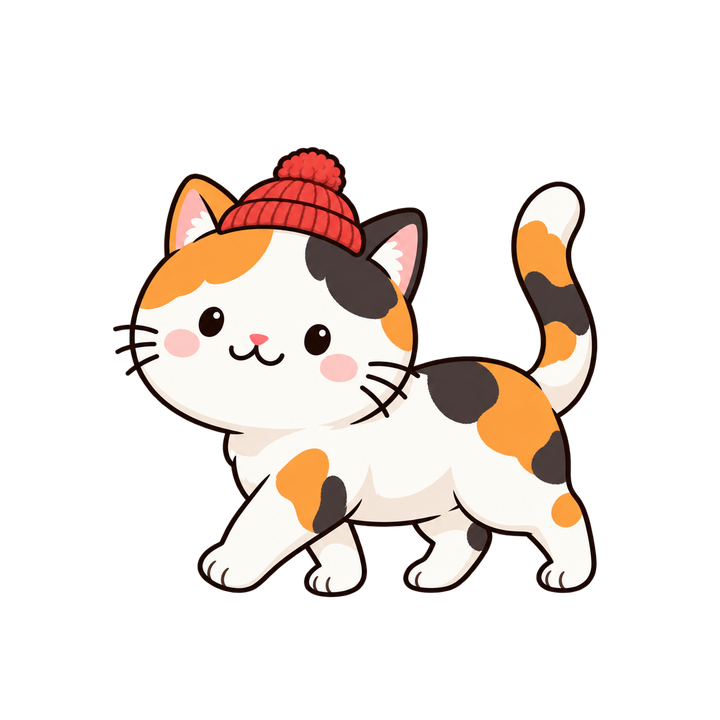 ニット帽で歩く三毛猫のイラスト（透過PNG）