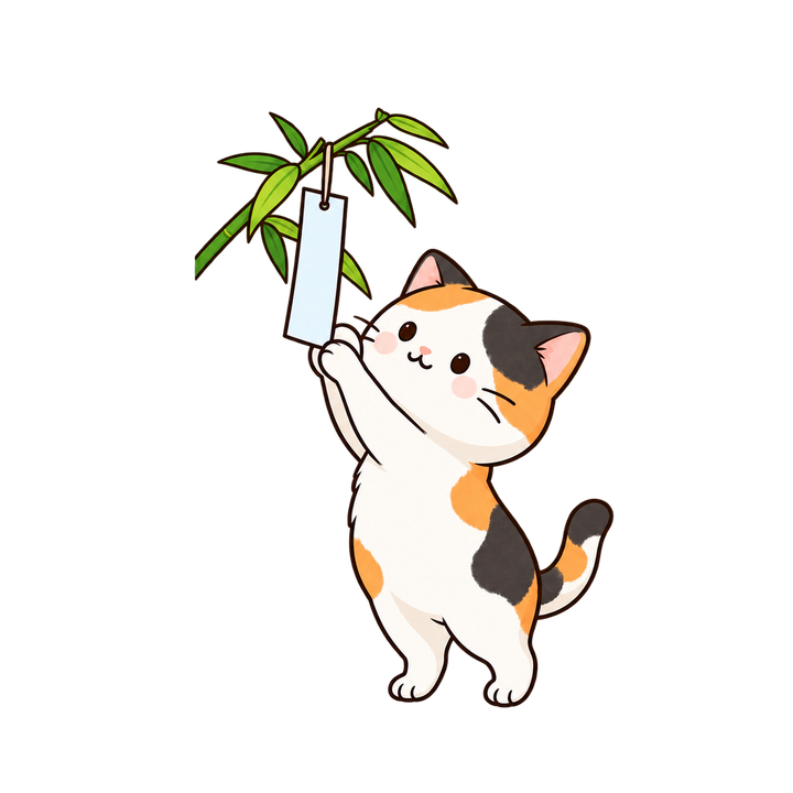 七夕の短冊に手をのばす三毛猫のイラスト（透過PNG）