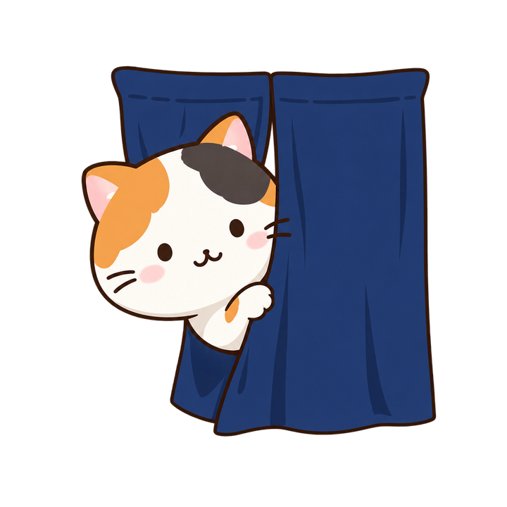 のれんから顔を出す三毛猫のイラスト（透過PNG）