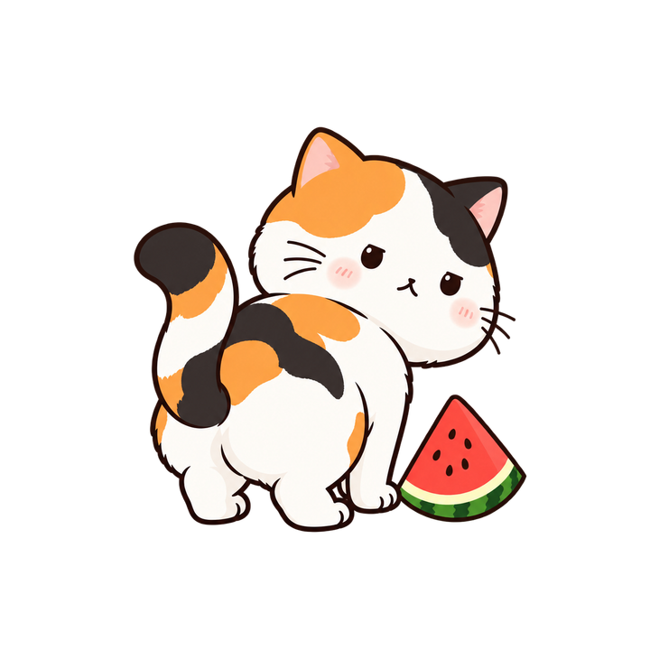 すいかのそばでふりむく三毛猫のイラスト（透過PNG）