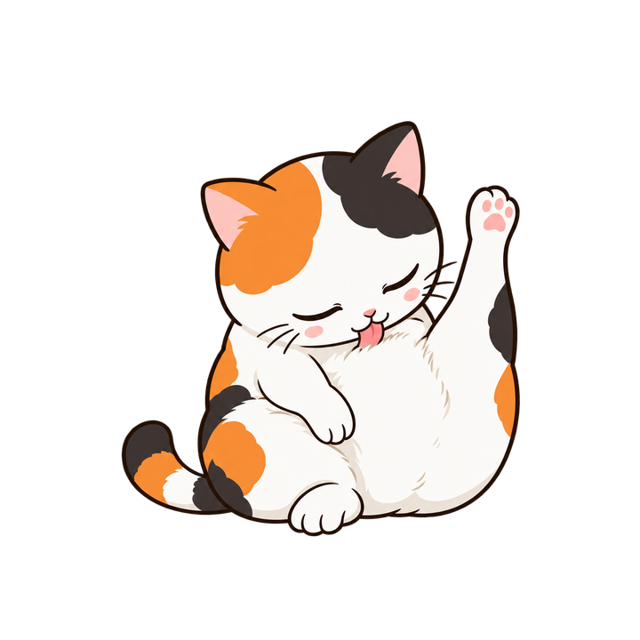 毛づくろいする三毛猫のイラスト（透過PNG）