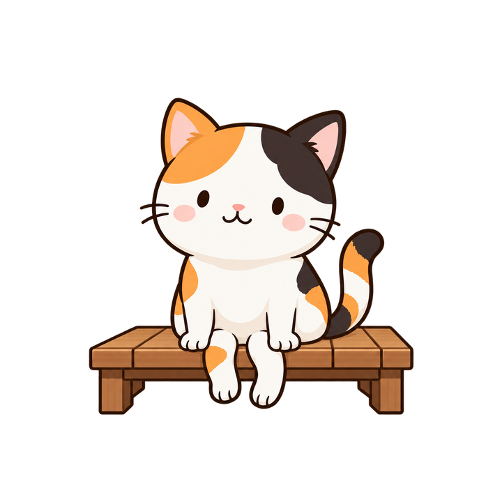 縁台に座る三毛猫のイラスト（透過PNG）