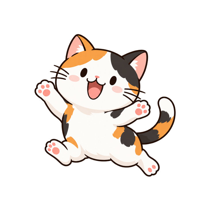 笑ってジャンプする三毛猫のイラスト（透過PNG）