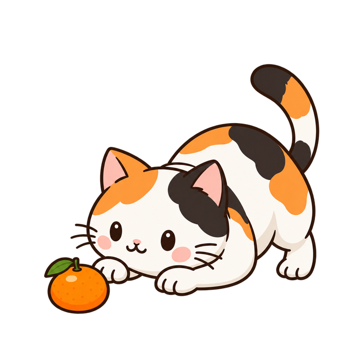 みかんをねらう三毛猫のイラスト（透過PNG）