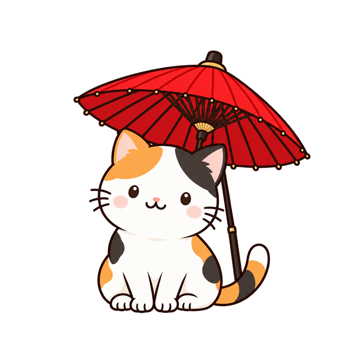 和傘の下の三毛猫のイラスト（透過PNG）