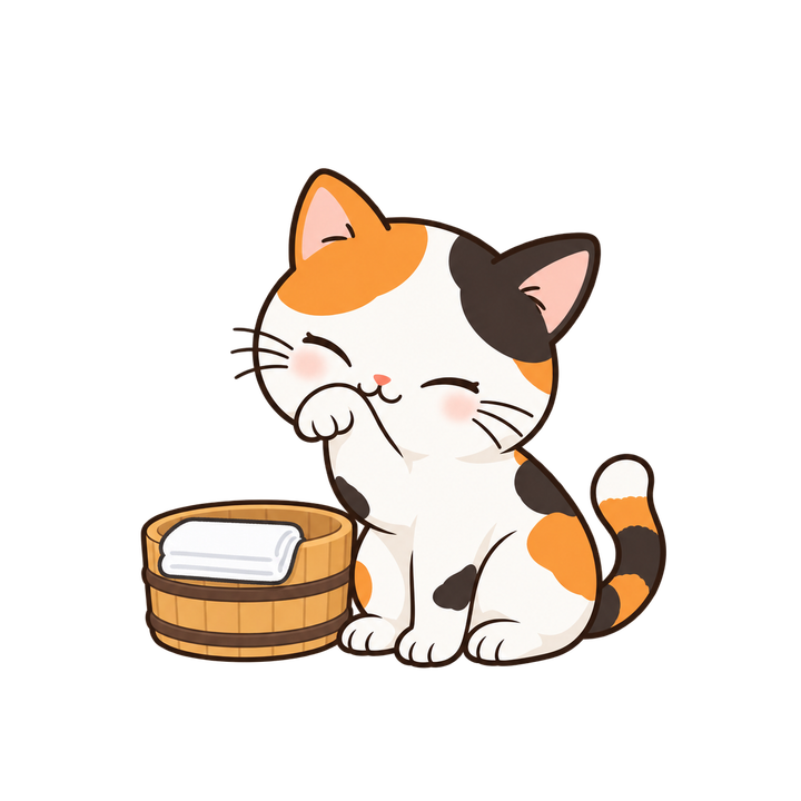 湯おけのそばで顔を洗う三毛猫のイラスト（透過PNG）