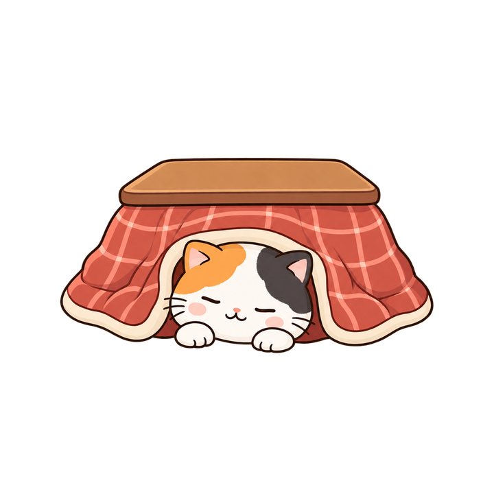 こたつで眠る三毛猫のイラスト（透過PNG）