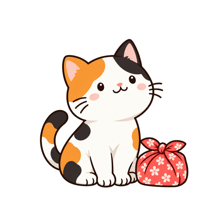 ふろしき包みと三毛猫のイラスト（透過PNG）