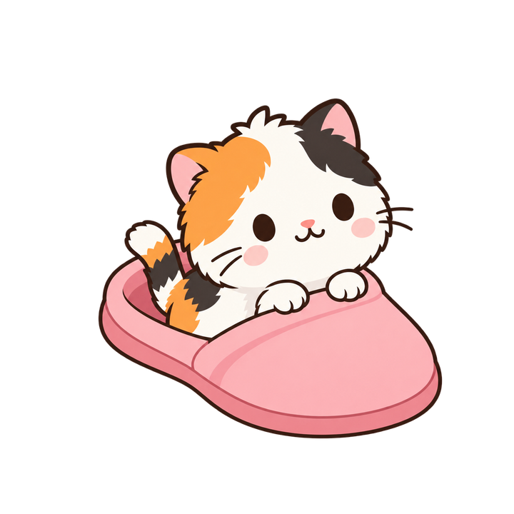 スリッパに入った三毛の子猫のイラスト（三毛猫・透過PNG）