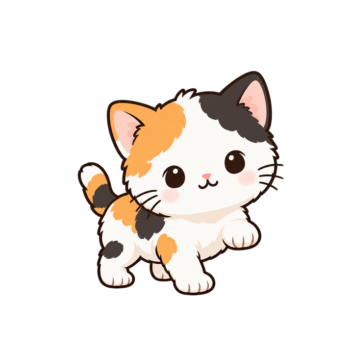 よちよち歩く三毛の子猫のイラスト（三毛猫・透過PNG）
