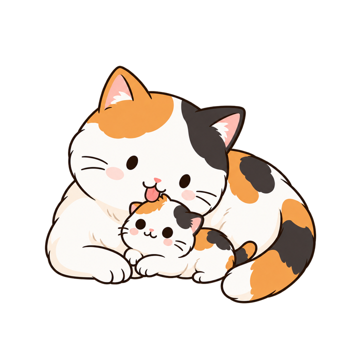 子猫をなめる三毛猫のイラスト（透過PNG）
