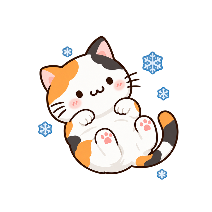 雪の中で転がる三毛猫のイラスト（透過PNG）
