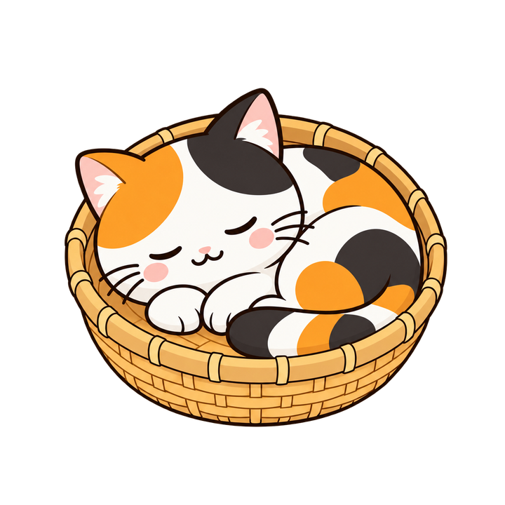 かごの中で眠る三毛猫のイラスト（透過PNG）
