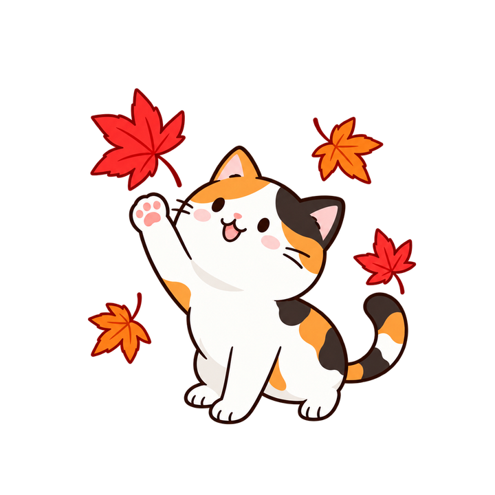 紅葉で遊ぶ三毛猫のイラスト（透過PNG）