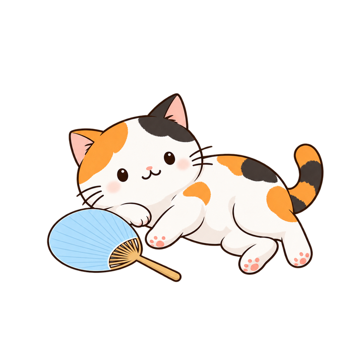 うちわのそばで寝そべる三毛猫のイラスト（透過PNG）