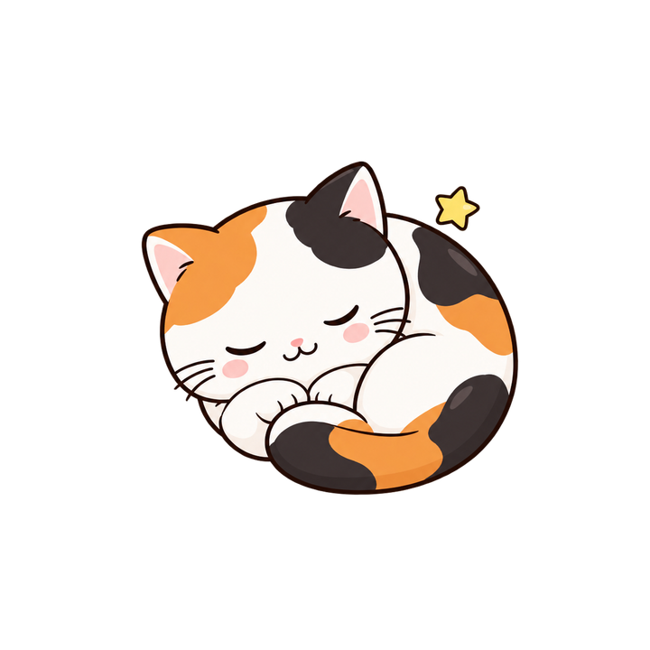 星と丸くなって眠る三毛猫のイラスト（透過PNG）
