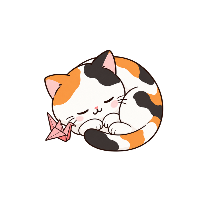 折り鶴と丸くなって眠る三毛猫のイラスト（透過PNG）