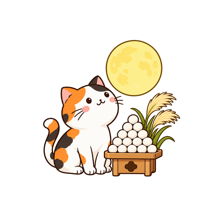 お月見をする三毛猫のイラスト（透過PNG）