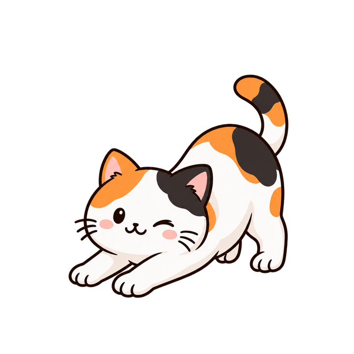 のびをしてウインクする三毛猫のイラスト（透過PNG）