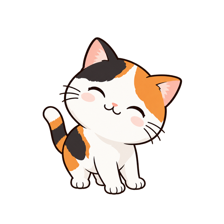 目を細めて笑う三毛猫のイラスト（透過PNG）