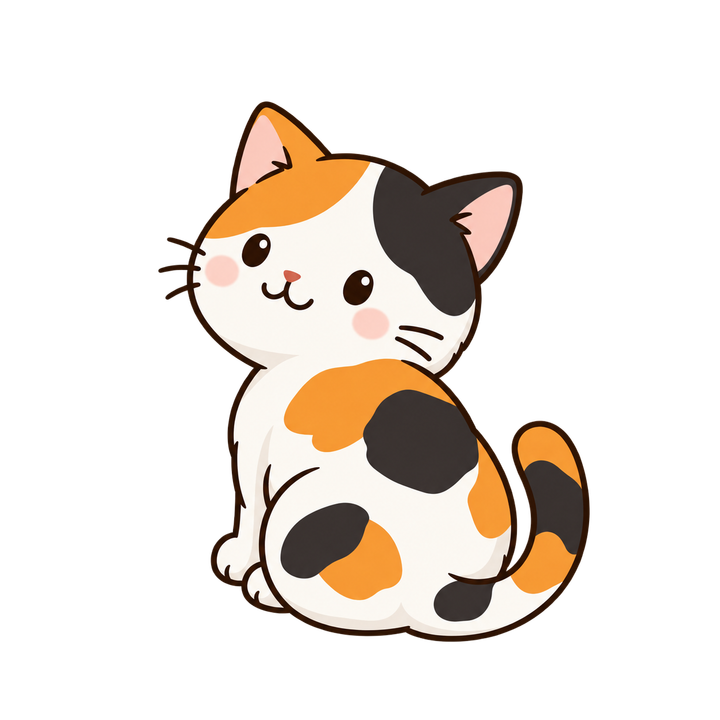 ふりむく三毛猫のイラスト（透過PNG）