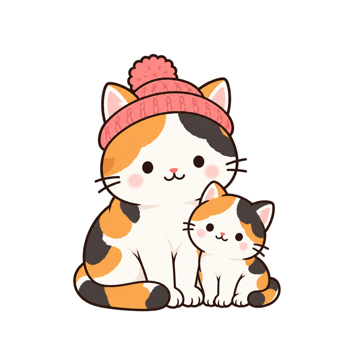 帽子をかぶった三毛猫と子猫のイラスト（透過PNG）