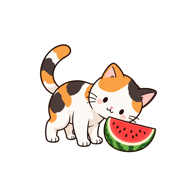 すいかのにおいをかぐ三毛猫のイラスト（透過PNG）