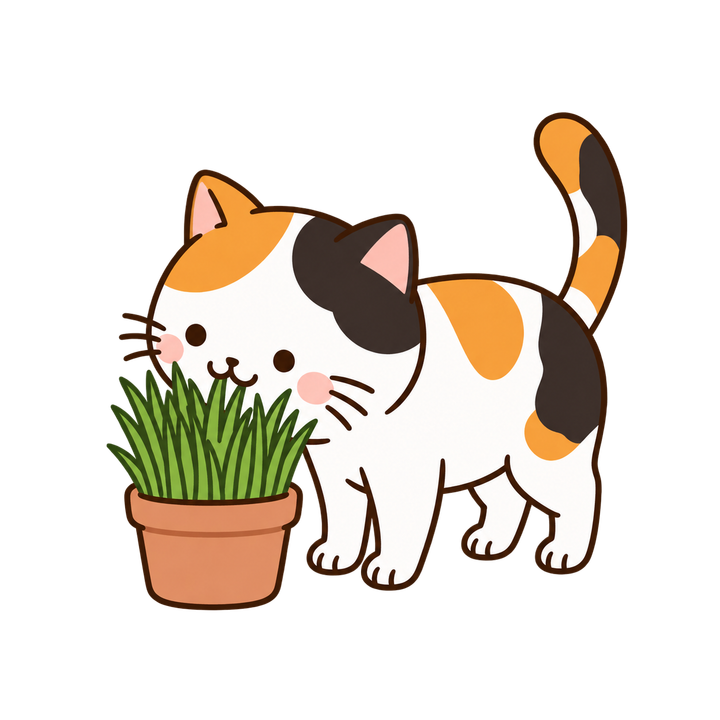 猫草を食べる三毛猫のイラスト（透過PNG）