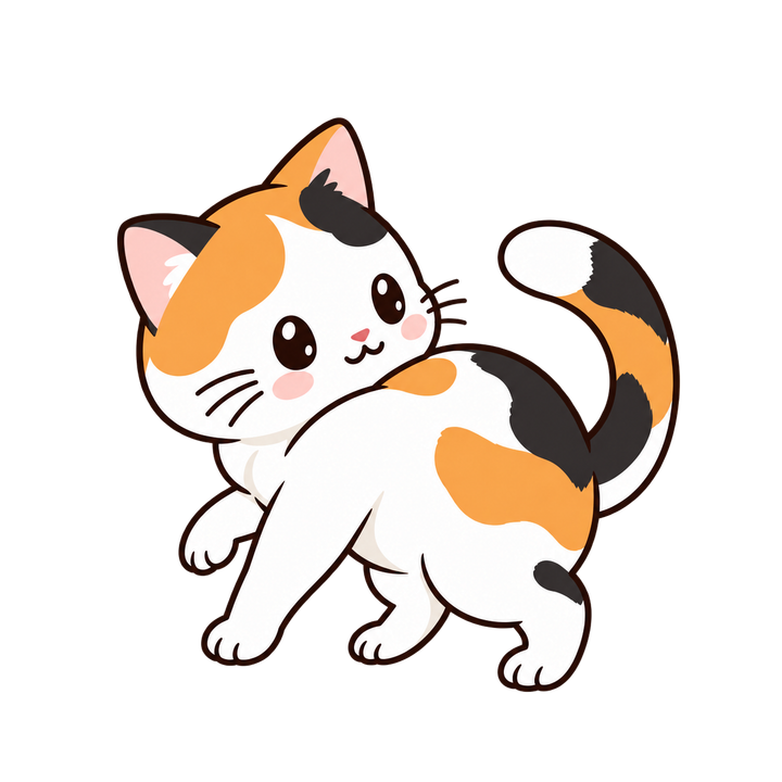おさんぽ中にふりかえる三毛猫のイラスト（透過PNG）