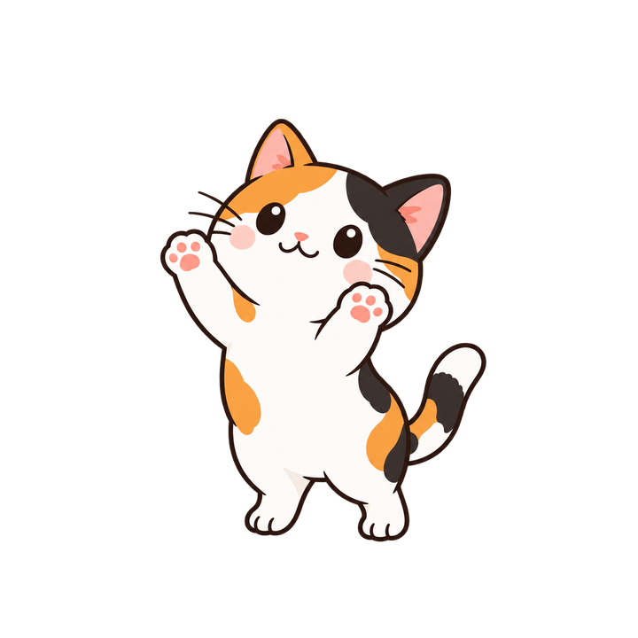 立ちあがって手をのばす三毛猫のイラスト（透過PNG）