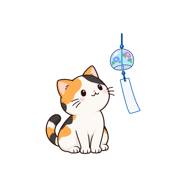風鈴を見上げる三毛猫のイラスト（透過PNG）