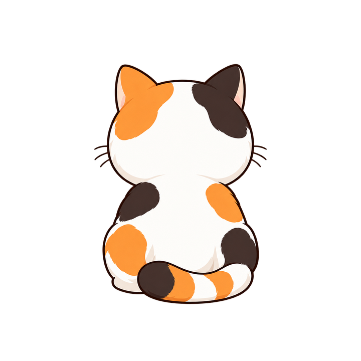 座っている三毛猫の後ろ姿のイラスト（透過PNG）