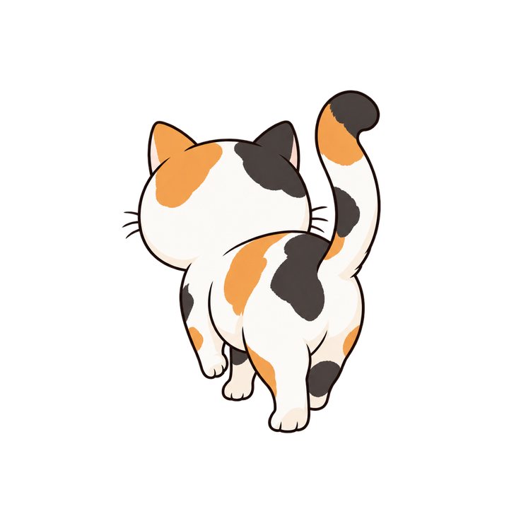 しっぽを立てた三毛猫の後ろ姿のイラスト（透過PNG）