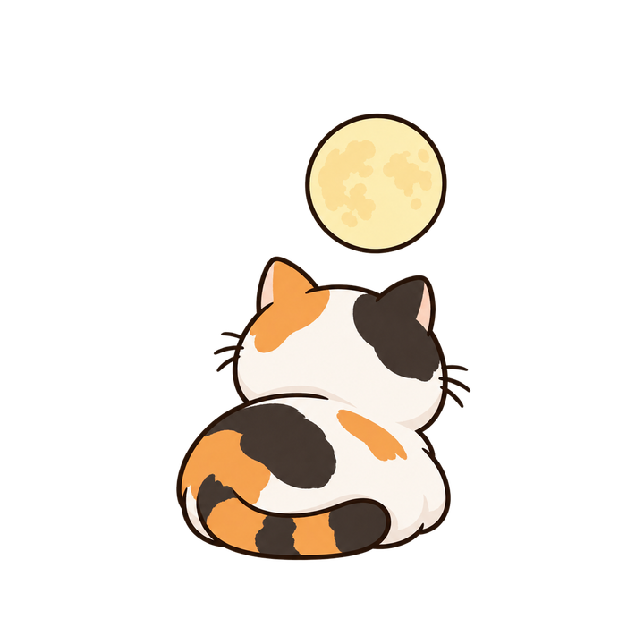 満月を見上げる三毛猫の後ろ姿のイラスト（透過PNG）