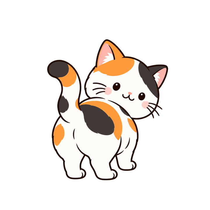 ふりかえる三毛猫の後ろ姿のイラスト（透過PNG）