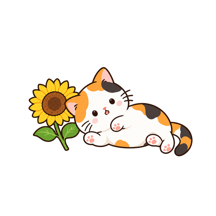 ひまわりと寝そべる三毛猫のイラスト（透過PNG）
