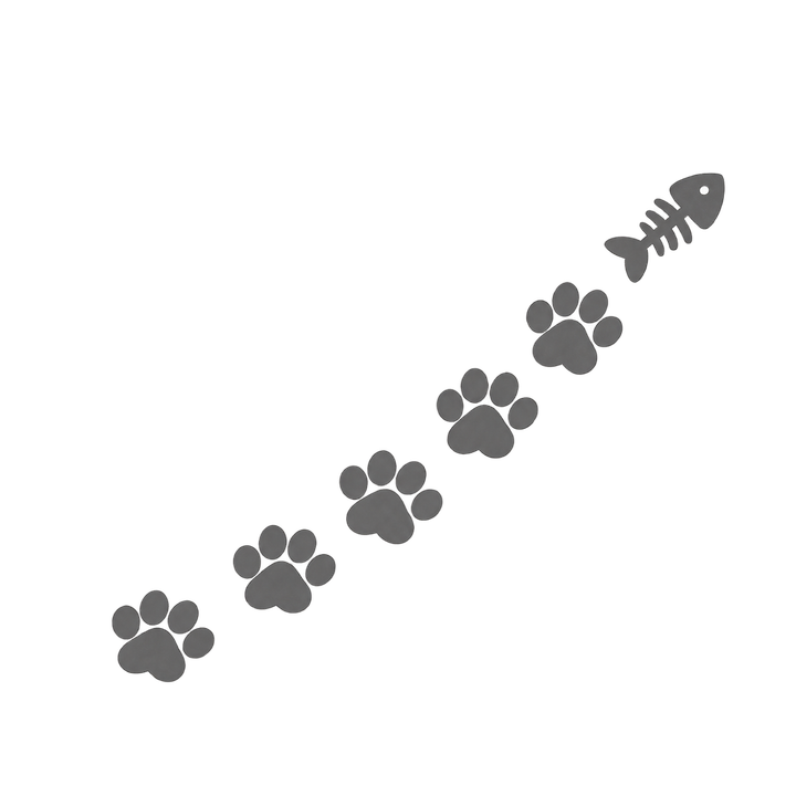 魚の骨へ続く猫の足あとのイラスト（肉球・透過PNG）