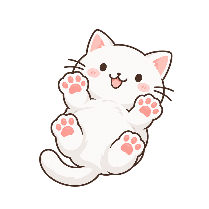 あおむけで肉球を見せる白猫のイラスト（透過PNG）