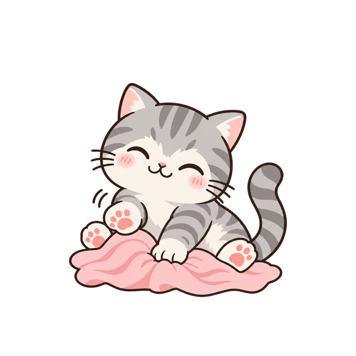 毛布をふみふみするサバトラ猫のイラスト（肉球・透過PNG）