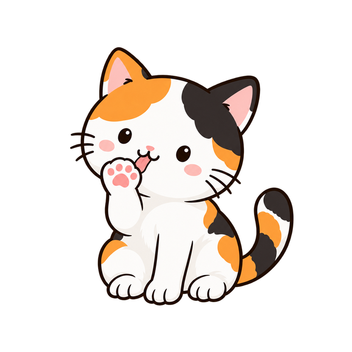 肉球をなめる三毛猫のイラスト（透過PNG）