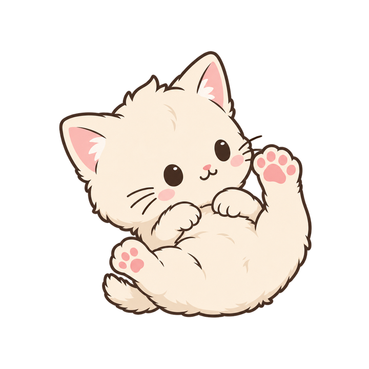 ころんと肉球を見せるクリーム色の猫のイラスト（透過PNG）