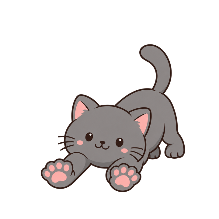 肉球を見せてのびをするグレーの猫のイラスト（透過PNG）