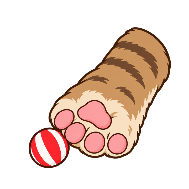 紅白のボールで遊ぶ猫の手のイラスト（肉球・透過PNG）