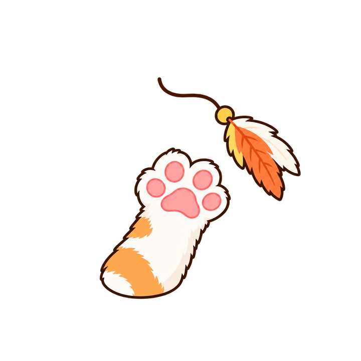 羽根のおもちゃに手をのばす猫の手のイラスト（肉球・透過PNG）