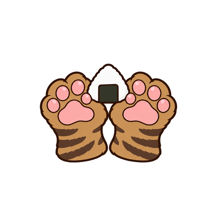 おにぎりを持つ猫の手のイラスト（肉球・透過PNG）