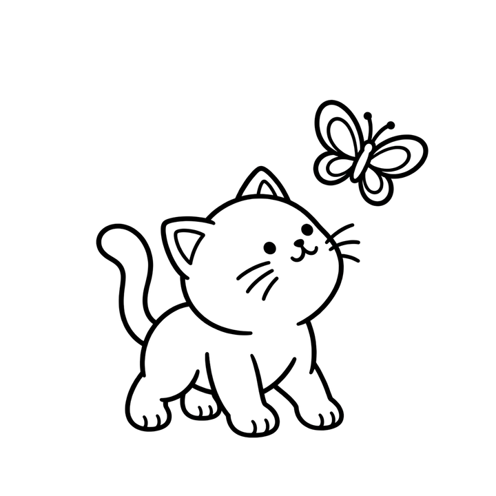 ちょうちょと遊ぶ猫のぬりえのイラスト（透過PNG）