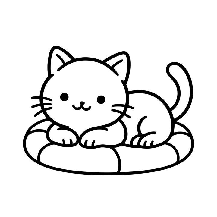 クッションでくつろぐ猫のぬりえのイラスト（透過PNG）