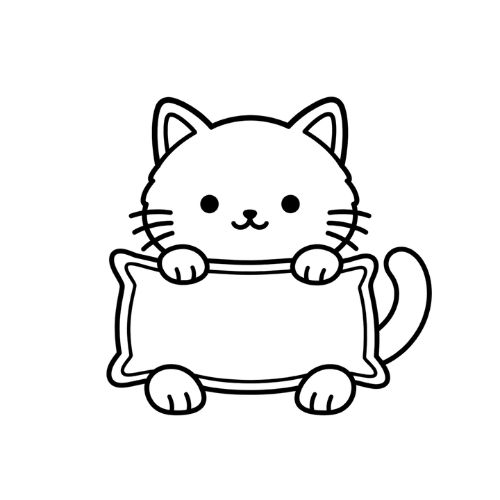 まくらを抱える猫のぬりえのイラスト（透過PNG）
