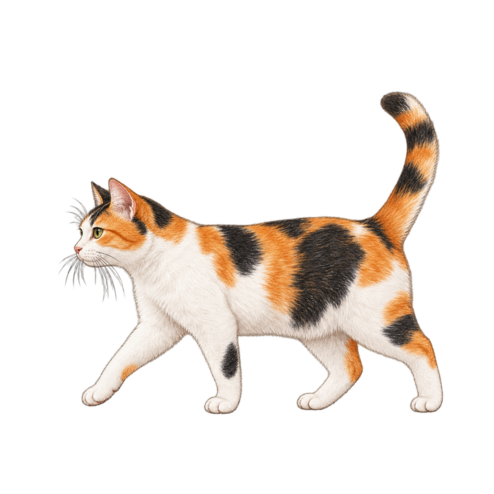 しっぽを立てて歩く三毛猫のイラスト（リアル・透過PNG）